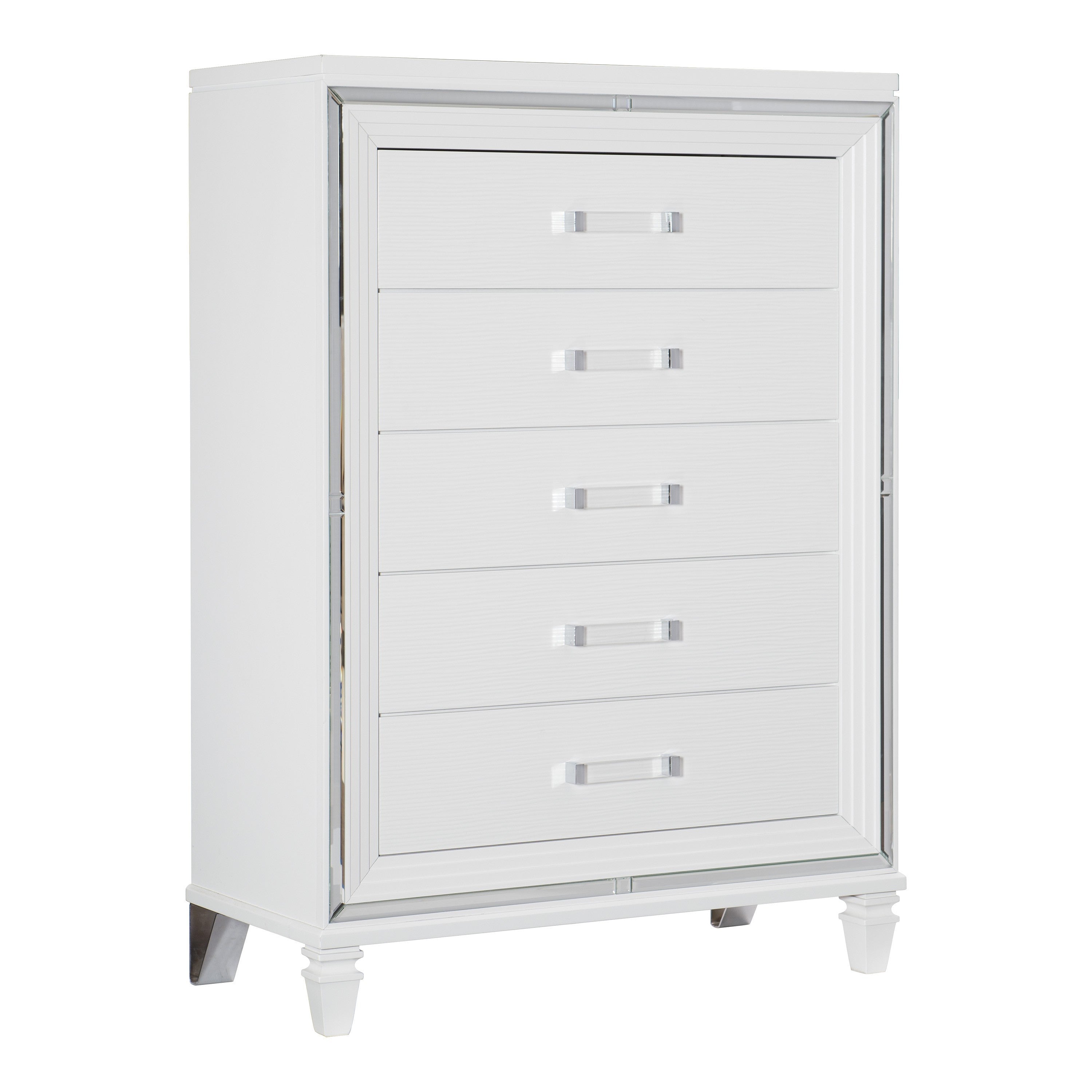 White Metallic Glam 5-Drawer Chest Modern Bedroom Furniture