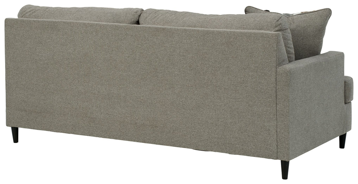 Dark gray fabric left-facing sofa with wide arm and tapered legs