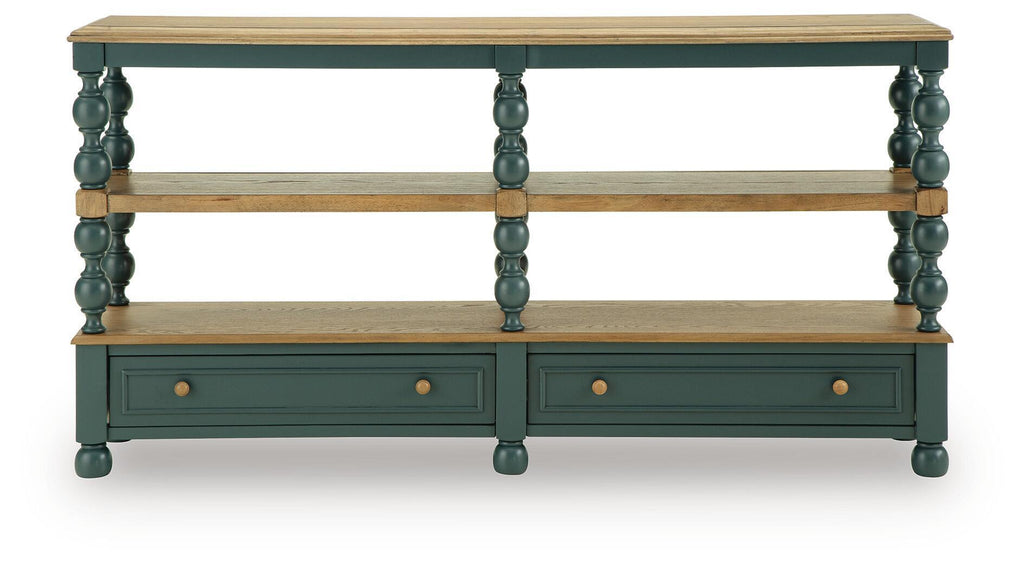 Blue-green console table with two shelves and two drawers, turned column legs