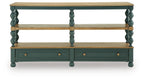 Blue-green console table with two shelves and two drawers, turned column legs