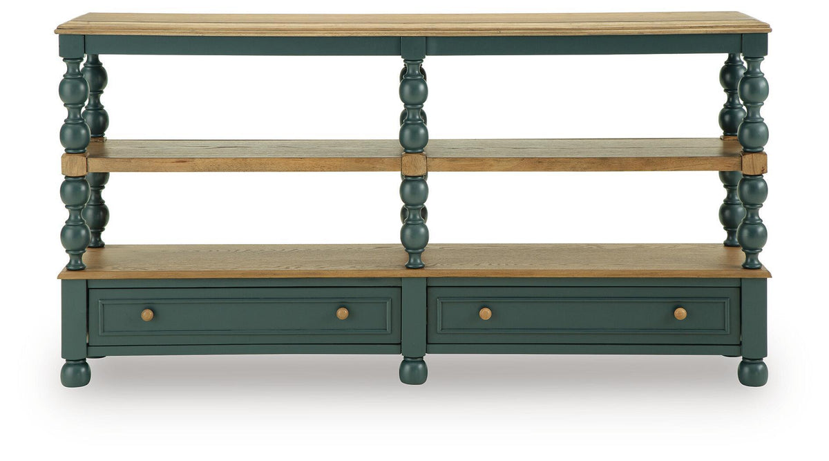 Blue-green console table with two shelves and two drawers, turned column legs