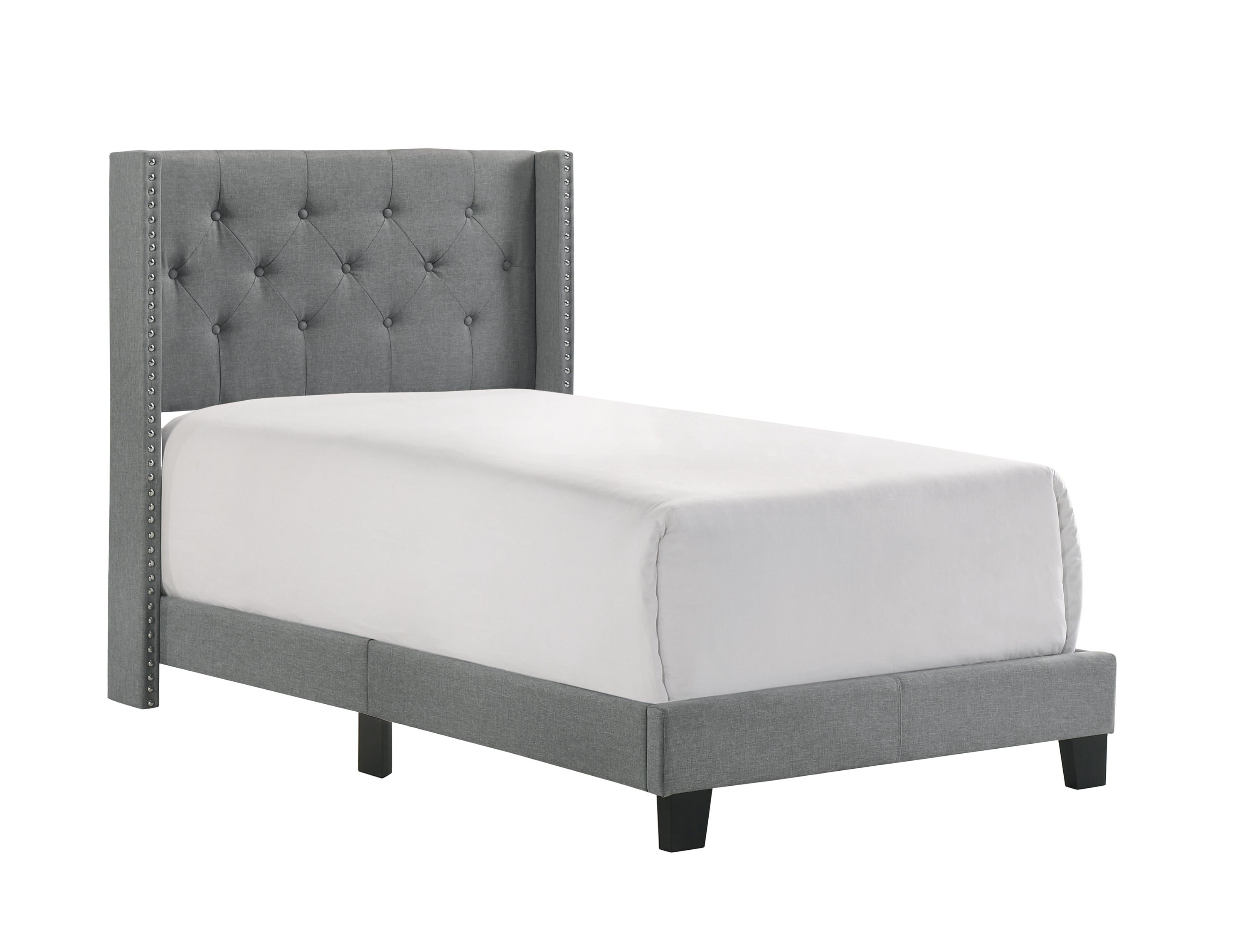 Twin Wingback Bed - Gray French Country Tufted & Nailhead Trim