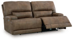 Earth-tone 2-seat power reclining sofa with adjustable headrests, extended footrests