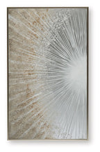 Framed vertical wall art with radiating gray-to-white streaks and taupe accents