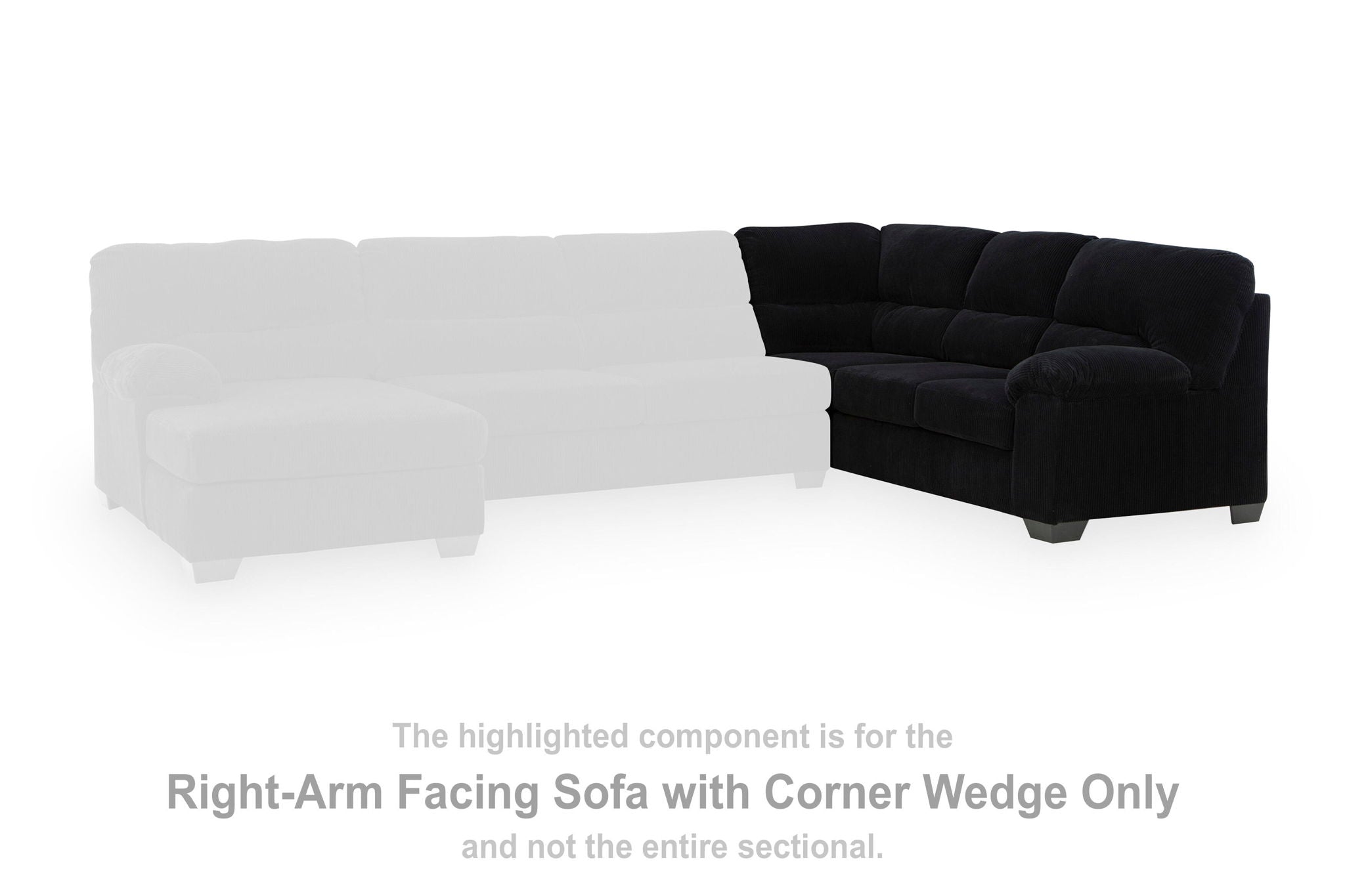 Dark sofa section with right-facing corner wedge, tufted cushions and wide armrest