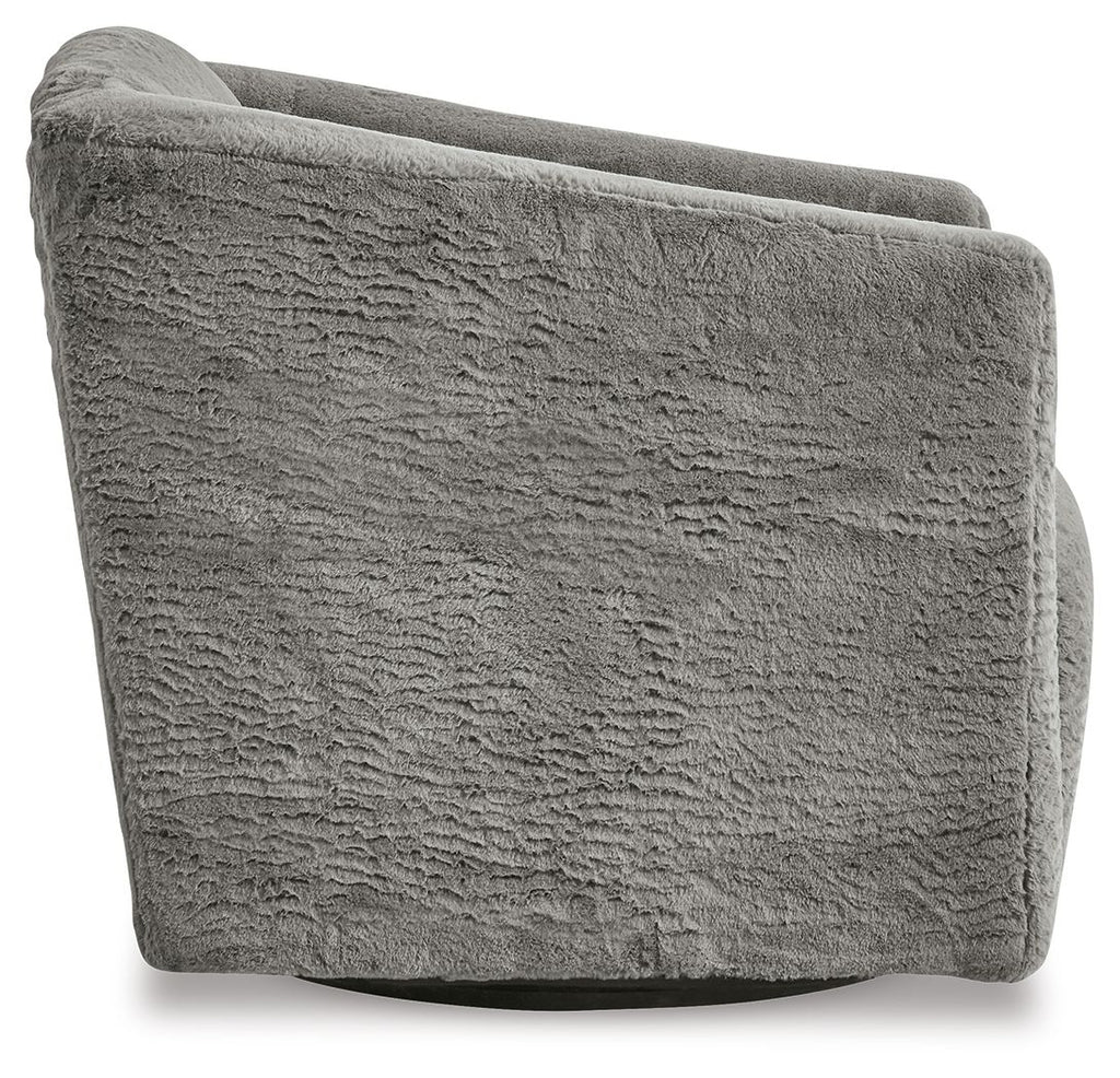 Textured charcoal gray swivel accent chair, close view of backrest and rounded arms