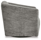 Textured charcoal gray swivel accent chair, close view of backrest and rounded arms