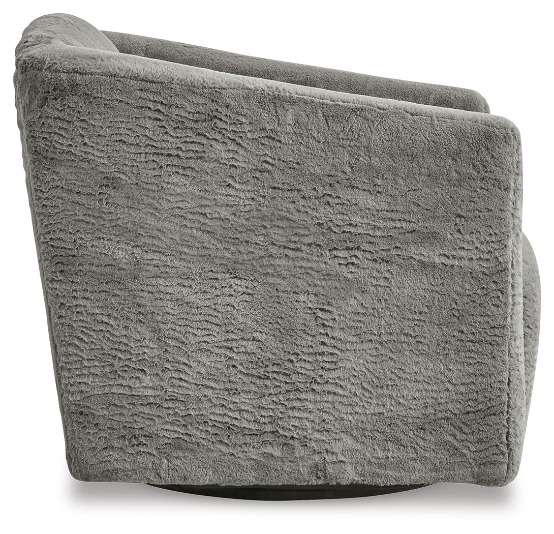 Textured charcoal gray swivel accent chair, close view of backrest and rounded arms
