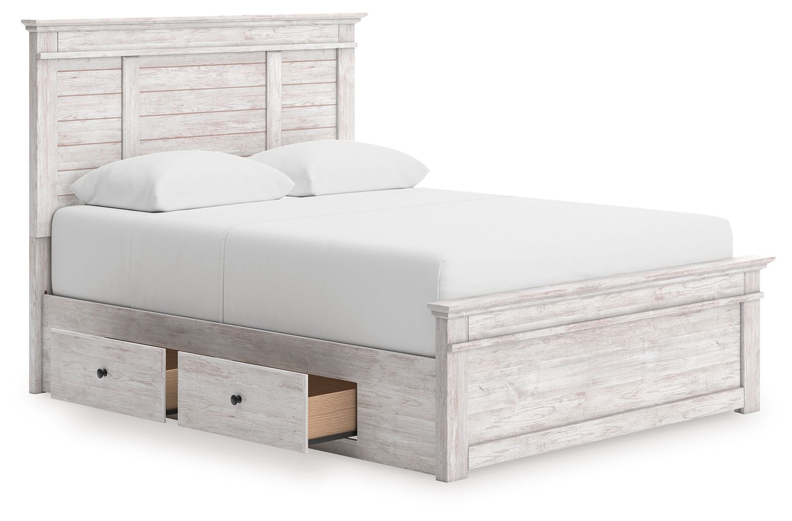 White panel storage bed with a slatted base and two storage drawers on the side rail.