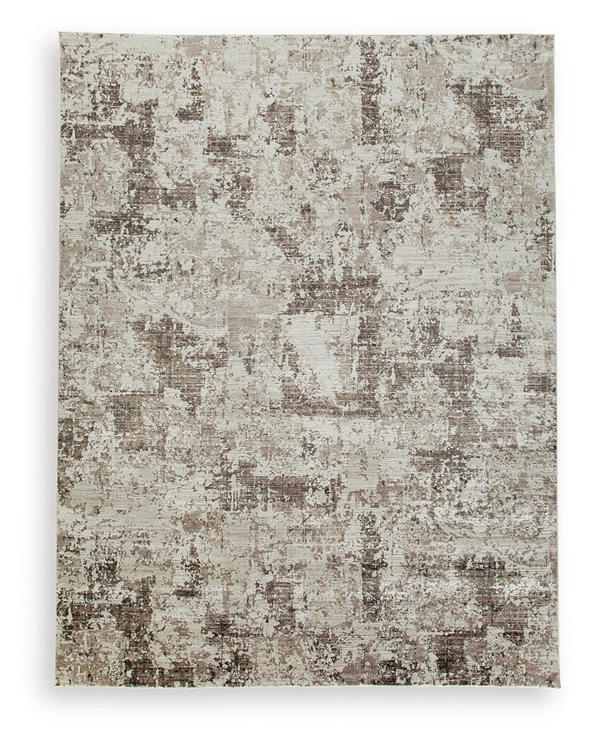 Area rug with distressed gray and beige abstract pattern, evenly distributed texture.