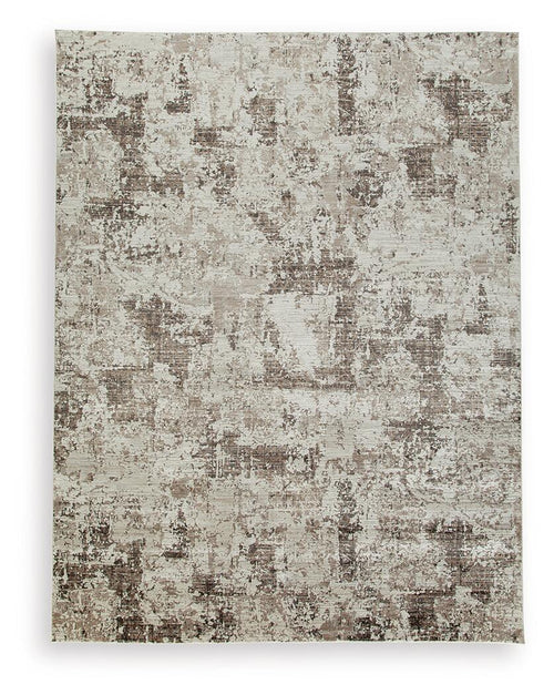 Area rug with distressed gray and beige abstract pattern, evenly distributed texture.