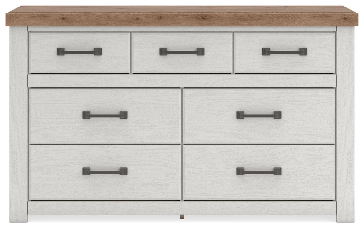 White dresser with wood top and six front drawers, dark bar handles