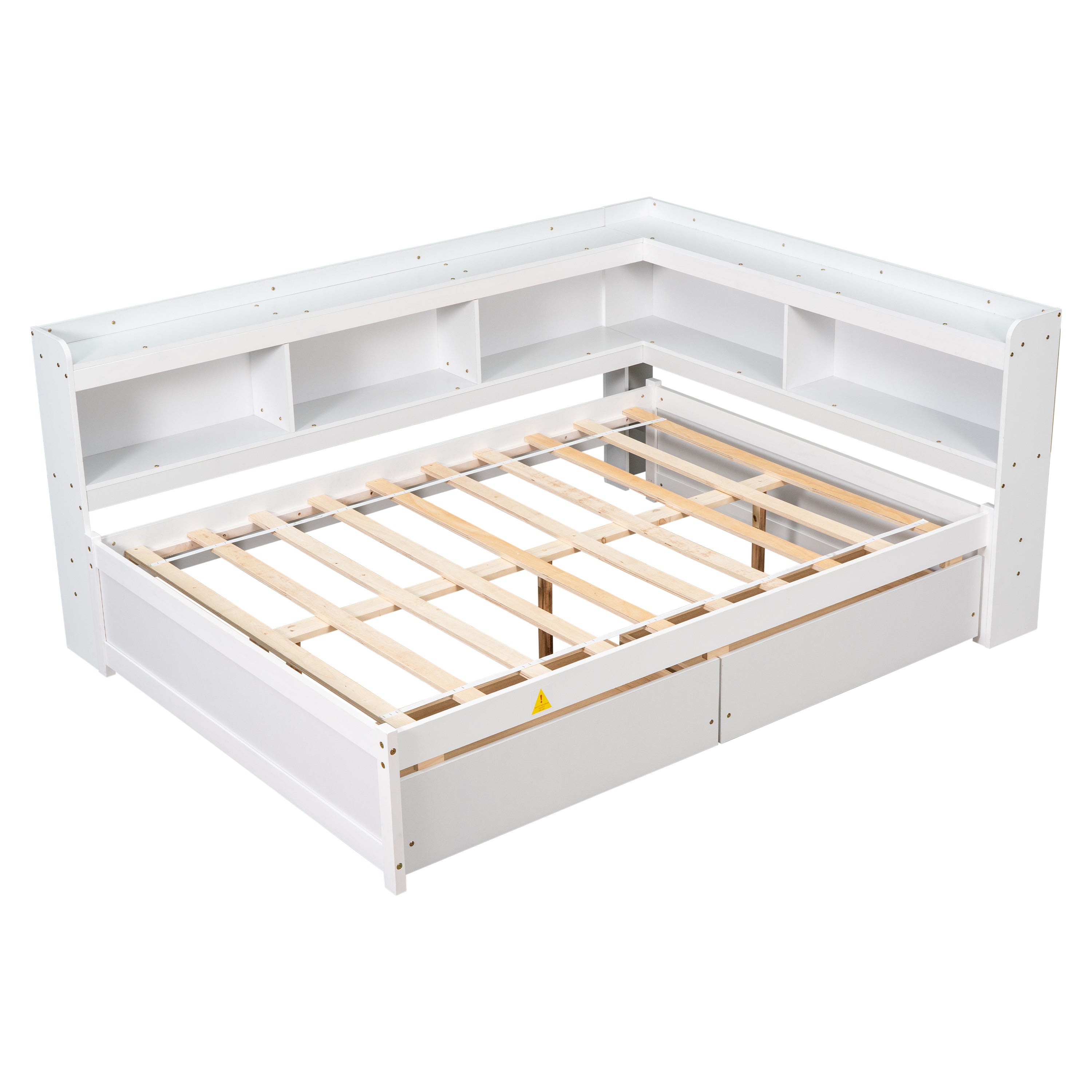 White Pine Full Bed: L-Shaped Bookcases & Drawers