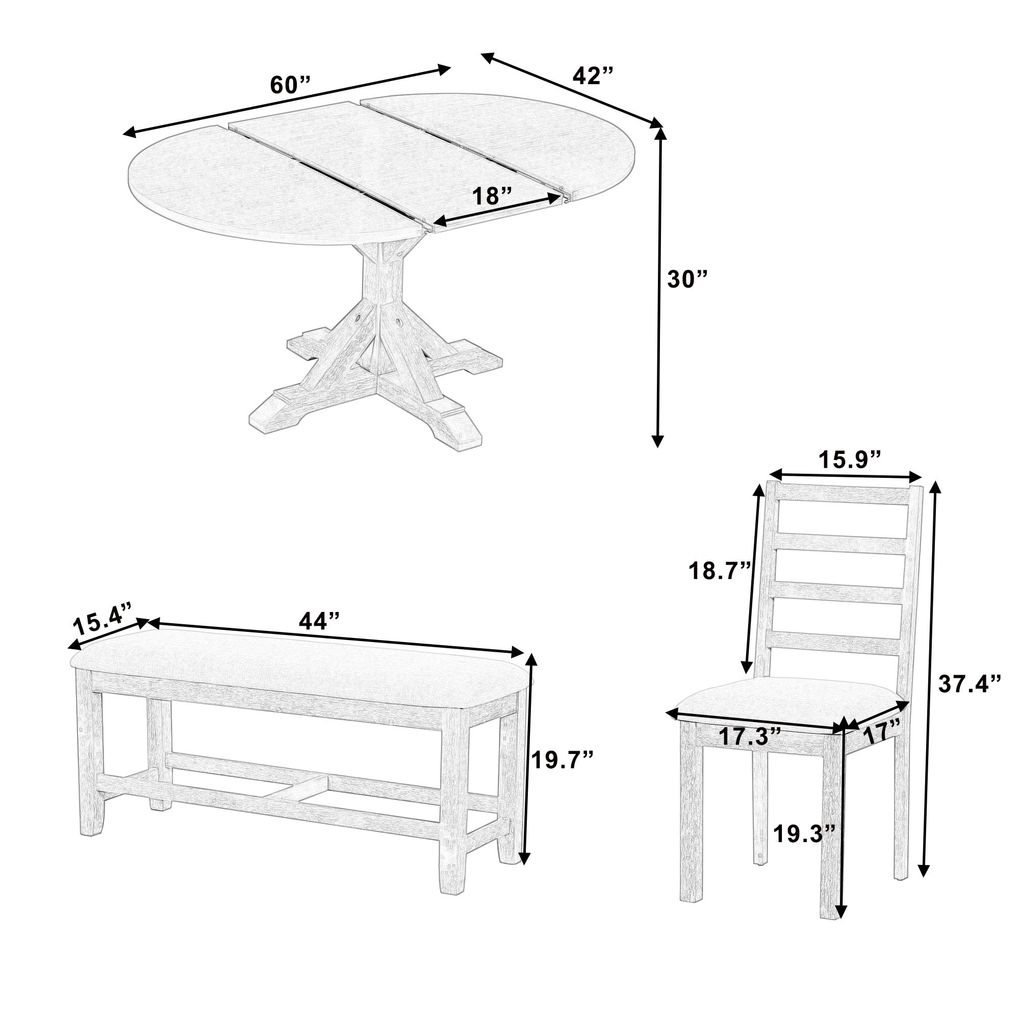 Farmhouse 60" Extendable Dining Table Set - 6 Pcs
