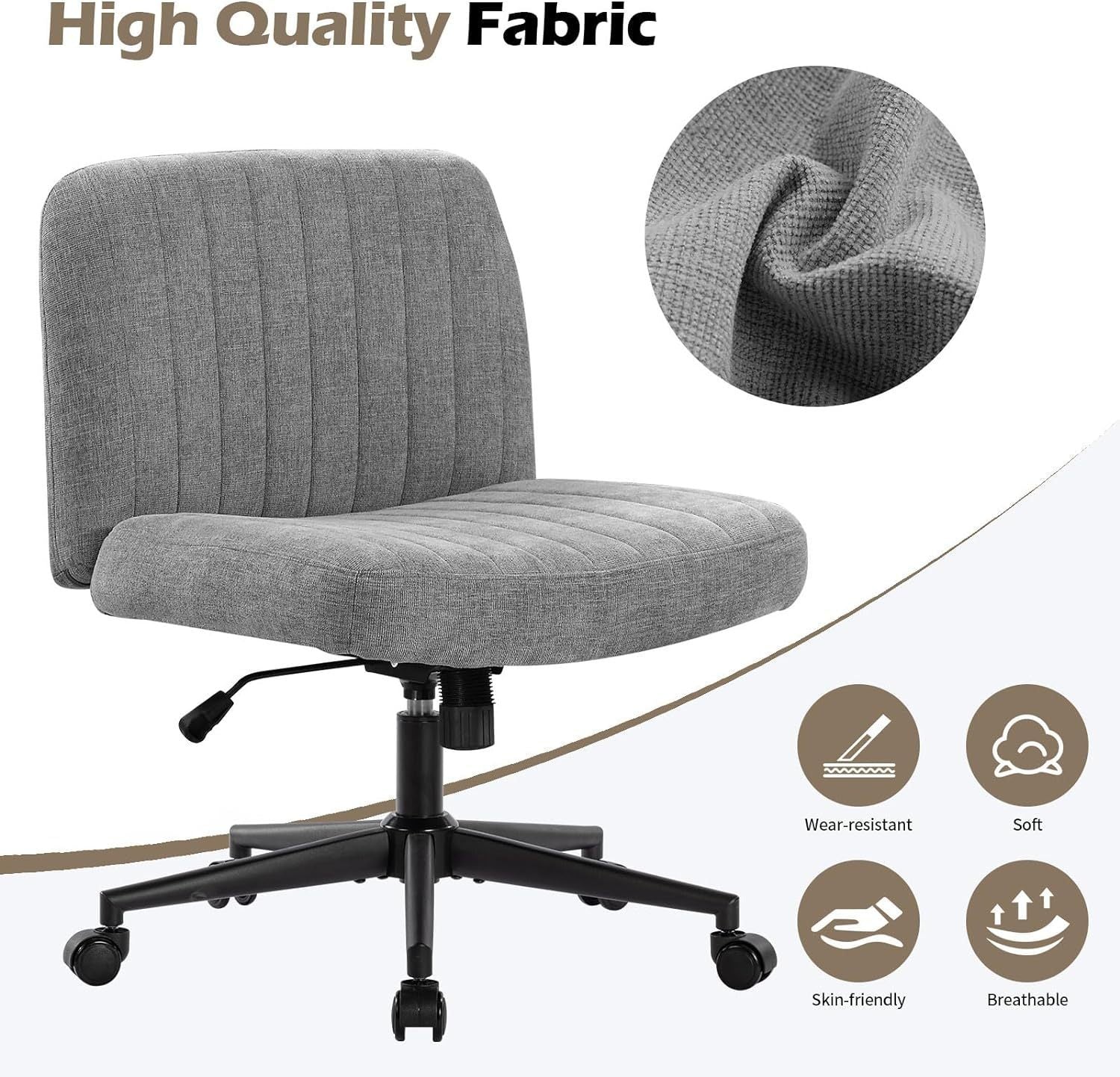 Linen Wide Seat Home Office Chair with Swinging Backrest