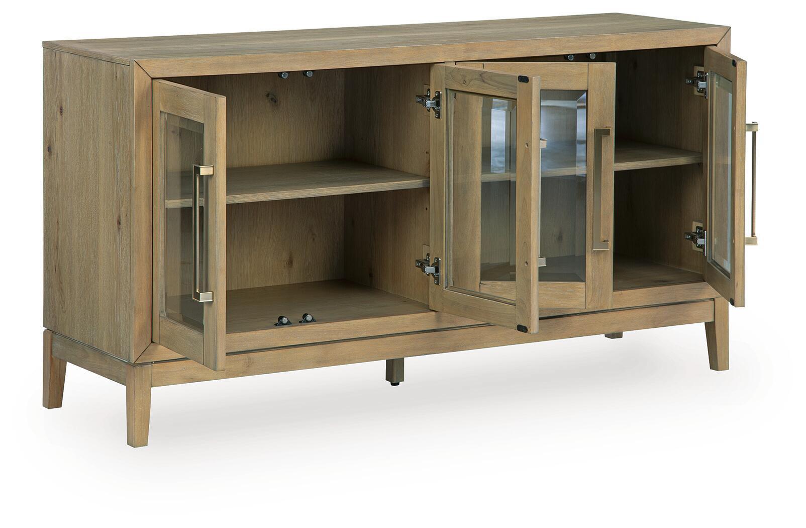 Light brown dining room server cabinet, doors open to reveal interior shelves