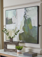 Framed abstract wall art in green, gray, and white with modern brushwork
