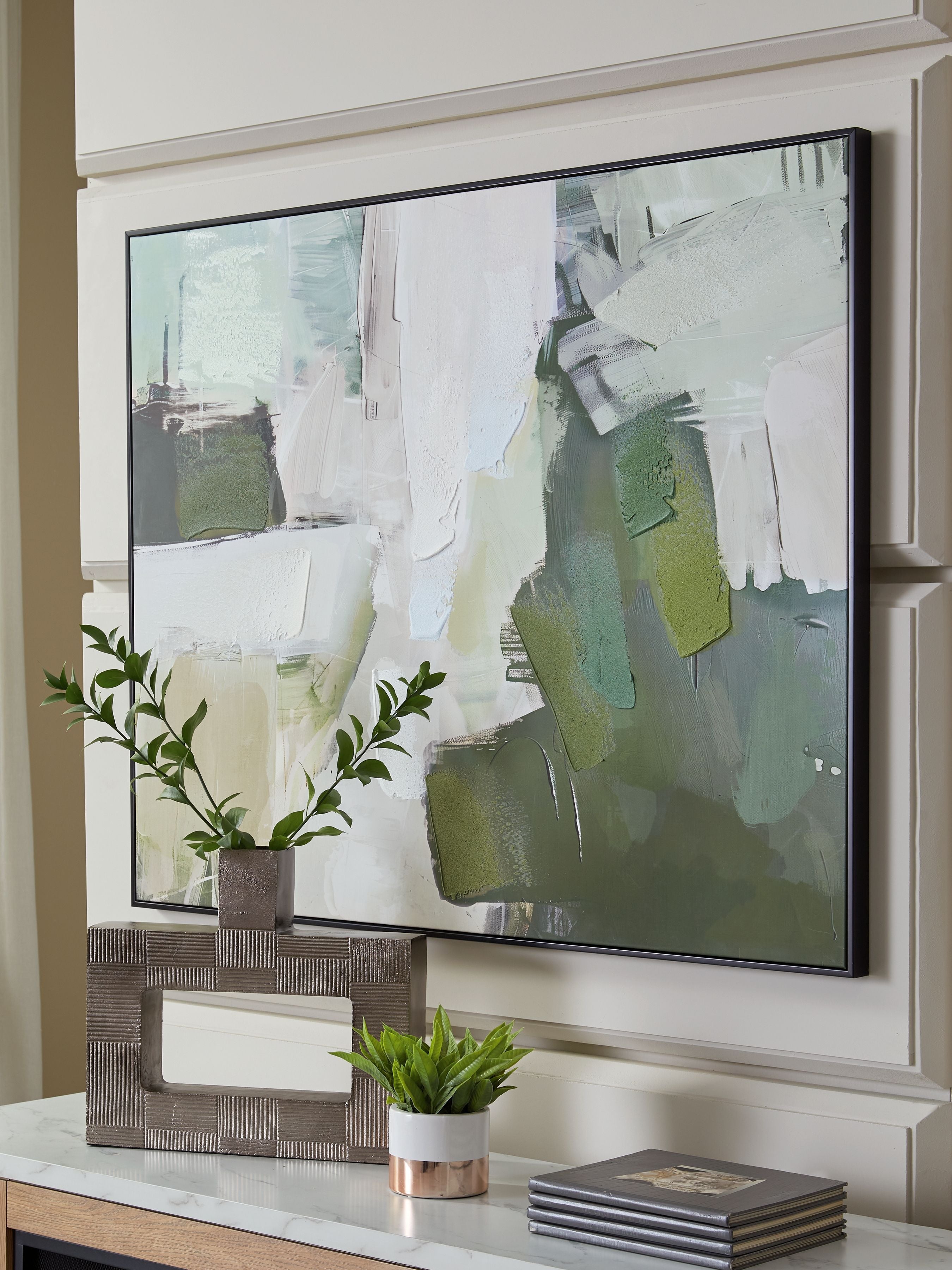 Framed abstract wall art in green, gray, and white with modern brushwork