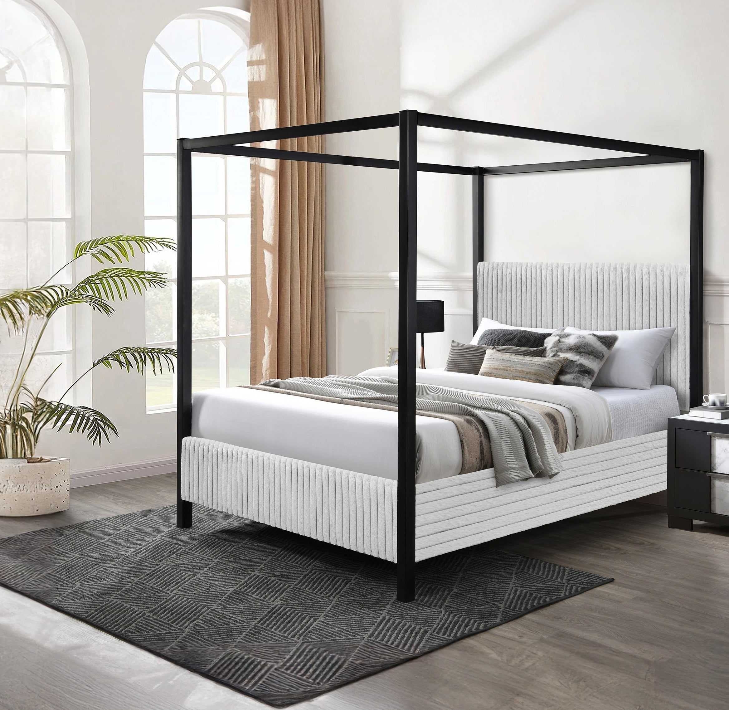 Modern Queen Canopy Bed with Light Gray Upholstered Tufted Headboard.