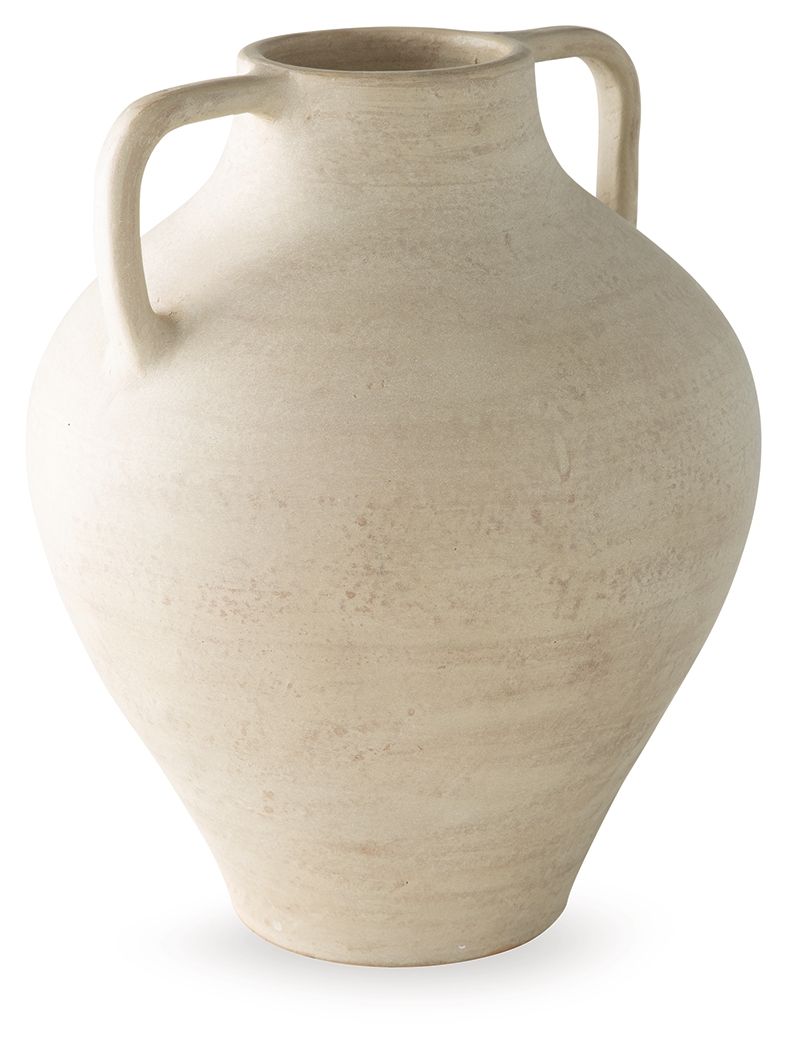 Beige ceramic vase with short neck, flared rim, and two side handles