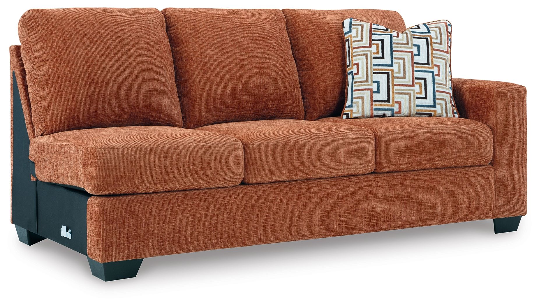 Rust orange RAF sofa with tufted back cushions and three seat cushions