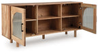 Natural brown accent cabinet, doors open to reveal three interior shelves and base storage