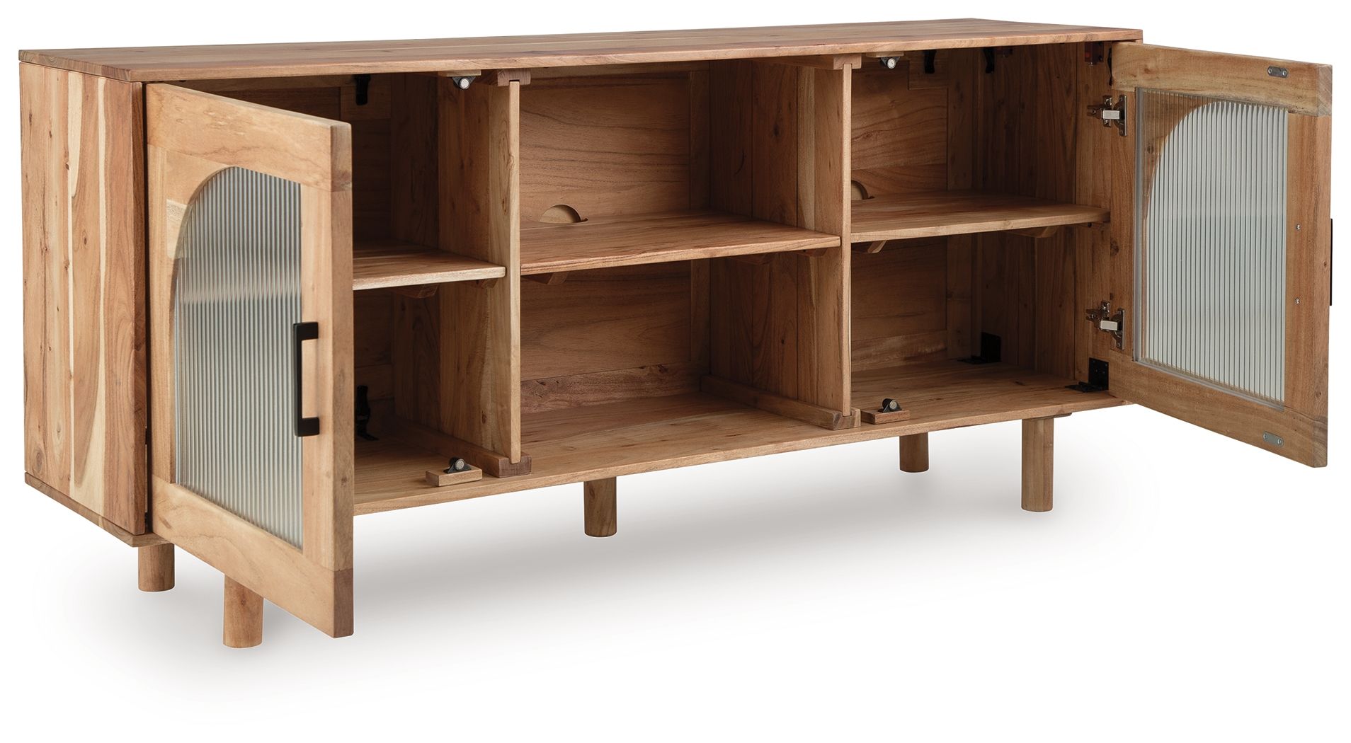 Natural brown accent cabinet, doors open to reveal three interior shelves and base storage