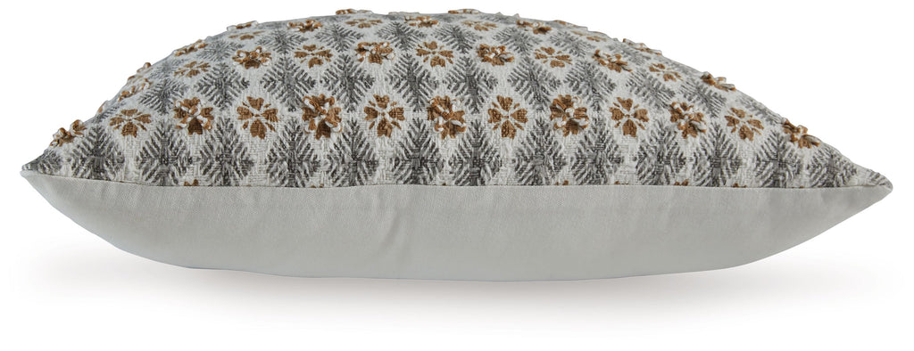 Dark gray patterned throw pillow with piped edges, side view