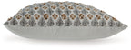 Dark gray patterned throw pillow with piped edges, side view