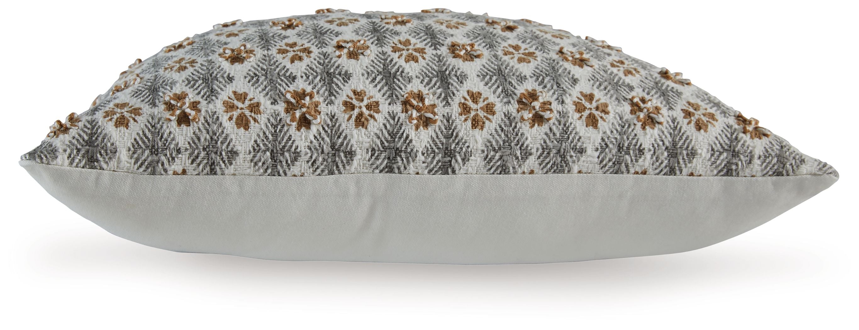 Dark gray patterned throw pillow with piped edges, side view
