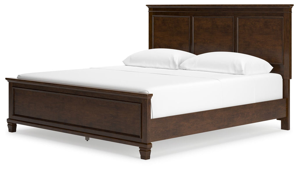 Dark brown panel bed with tall paneled headboard and white upholstered mattress
