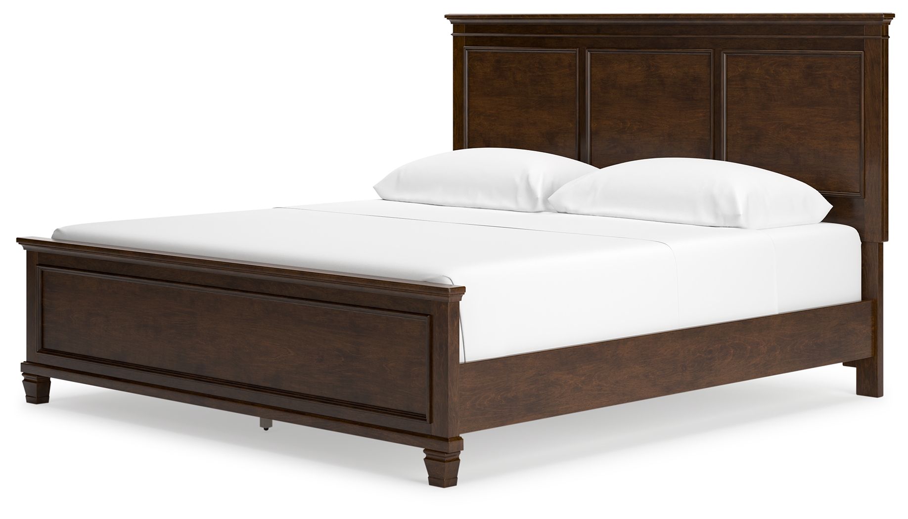 Dark brown panel bed with tall paneled headboard and white upholstered mattress