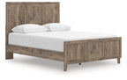 Rusticott panel bed with light brown wood frame and white upholstered mattress