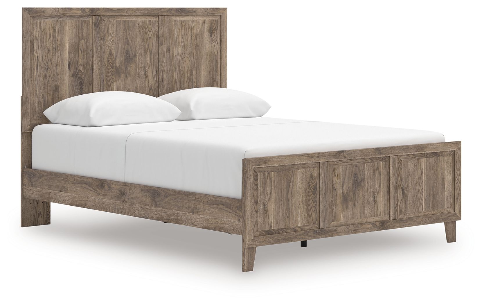 Rusticott panel bed with light brown wood frame and white upholstered mattress