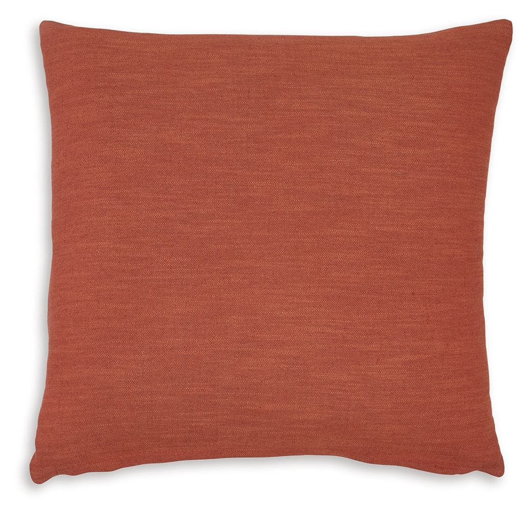 Terracotta red square throw pillow with plain woven texture and stitched edges