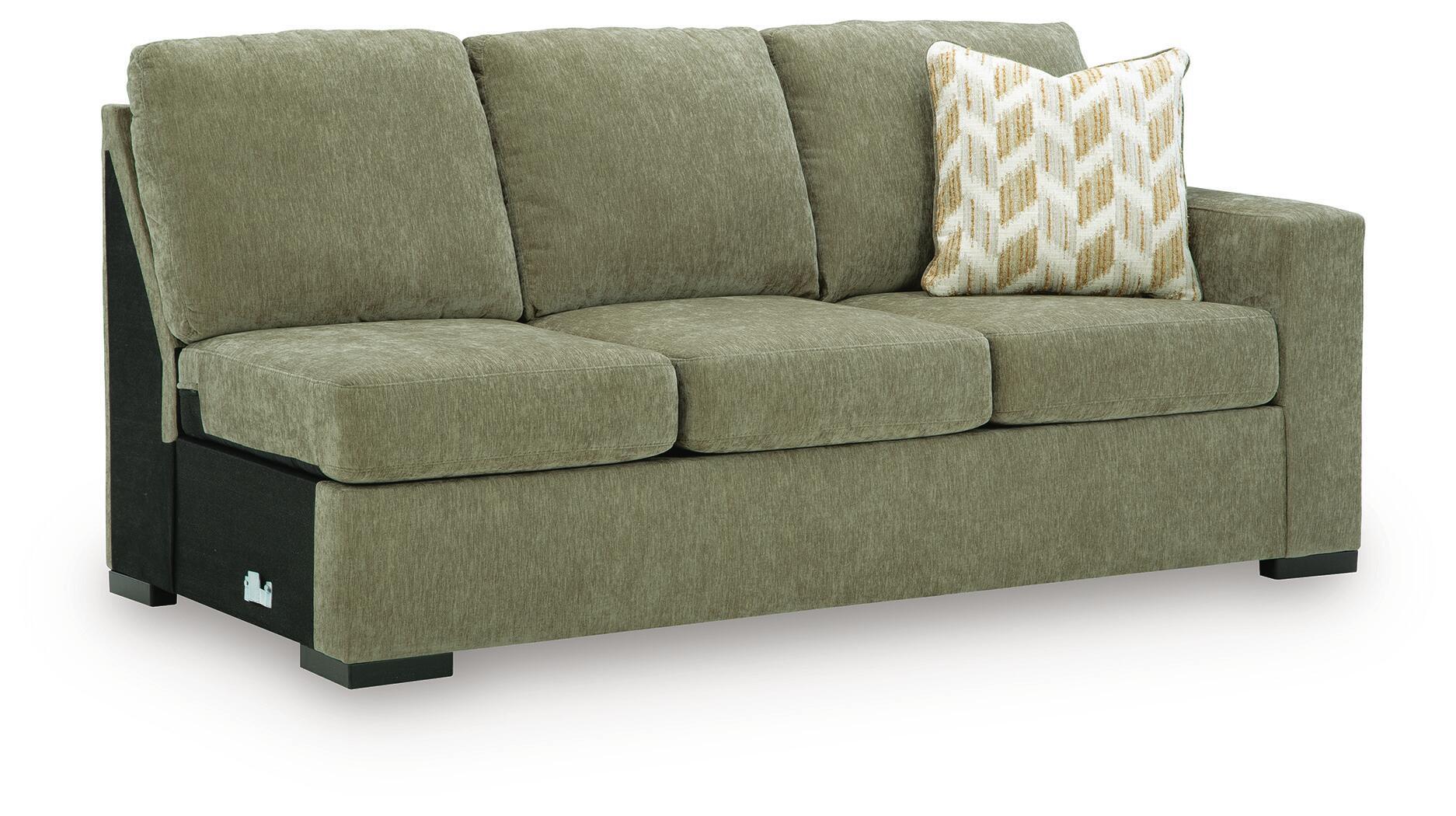 Moss green two-seat sofa with block arms and patterned throw cushion