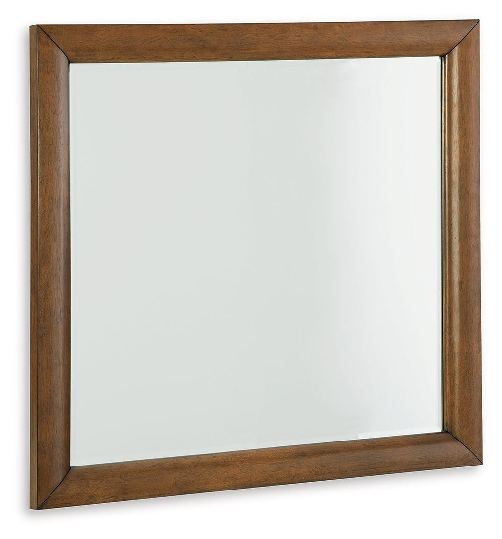 Square bedroom mirror with brown wooden frame and clear reflective glass