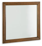 Square bedroom mirror with brown wooden frame and clear reflective glass