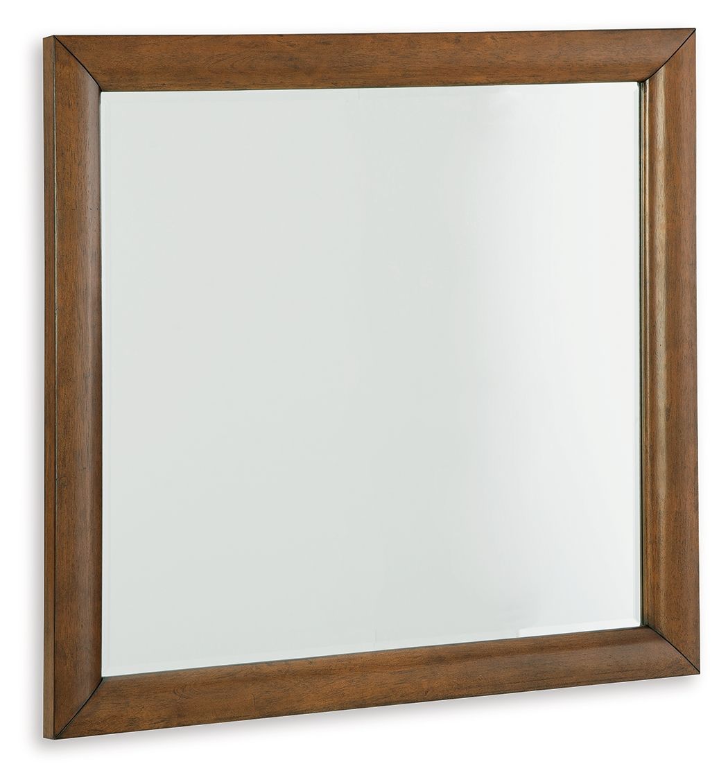 Square bedroom mirror with brown wooden frame and clear reflective glass