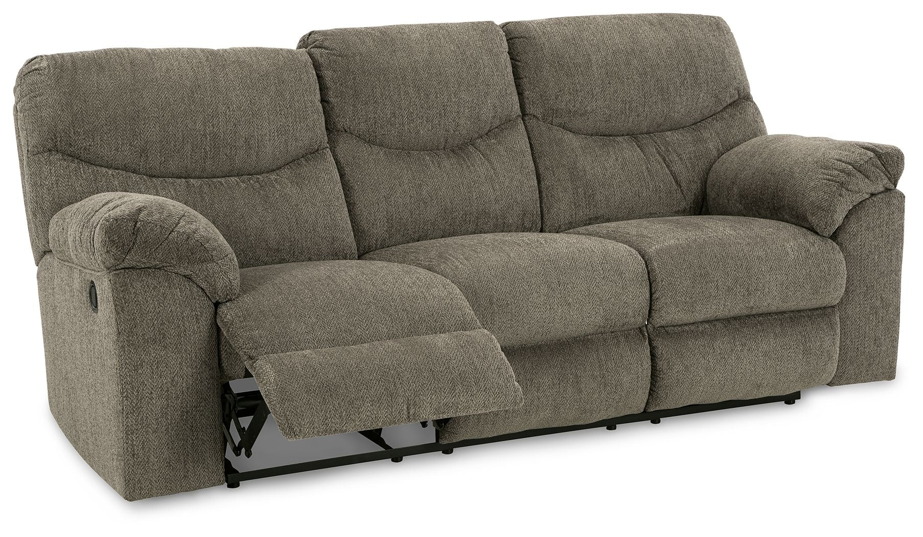 Reclining sofa in dark gray fabric with extended footrest and visible recline mechanism.