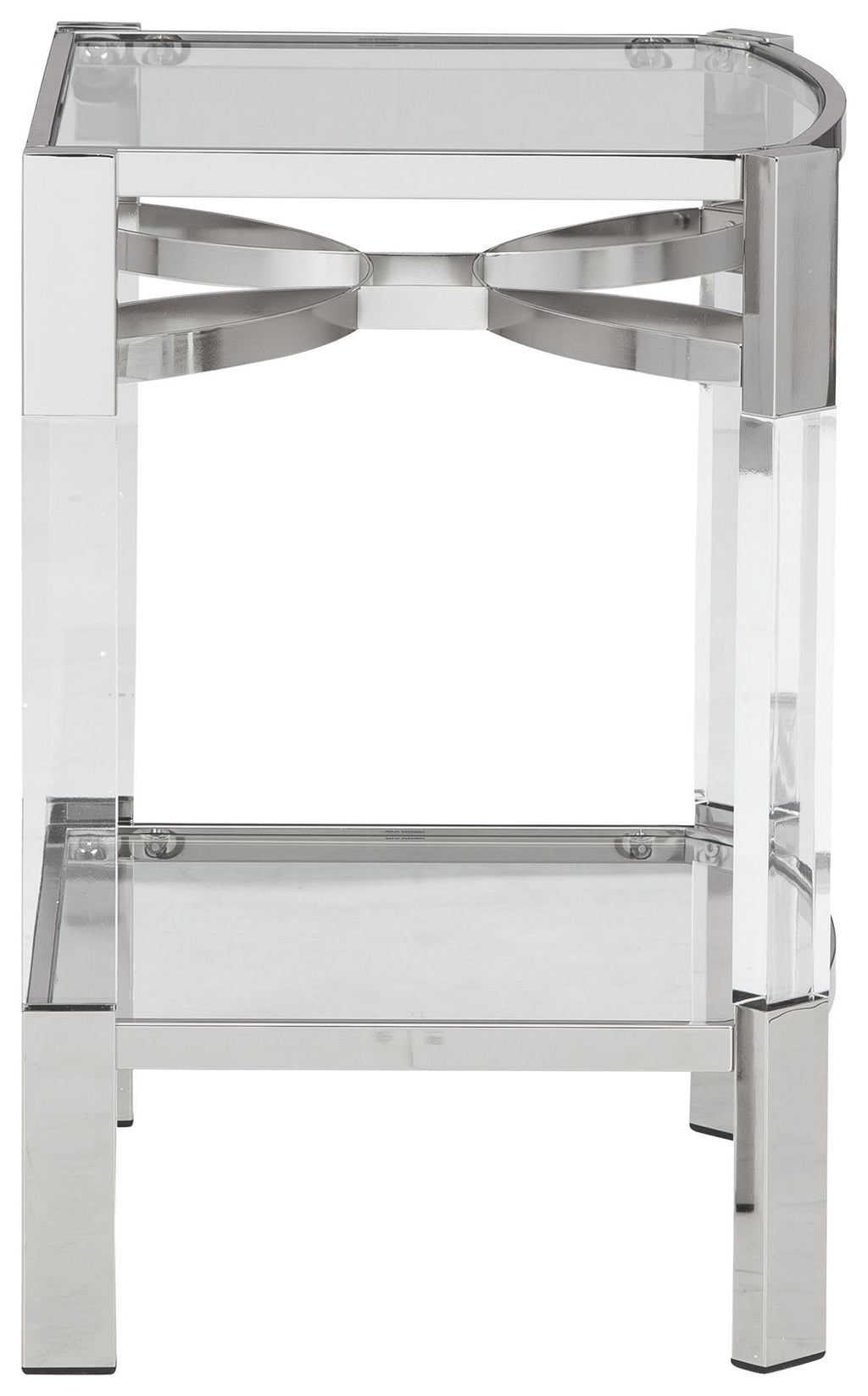 Clear glass accent table with silver frame and curved top edge, front view