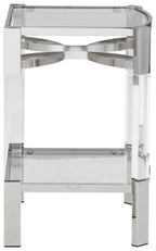Clear glass accent table with silver frame and curved top edge, front view