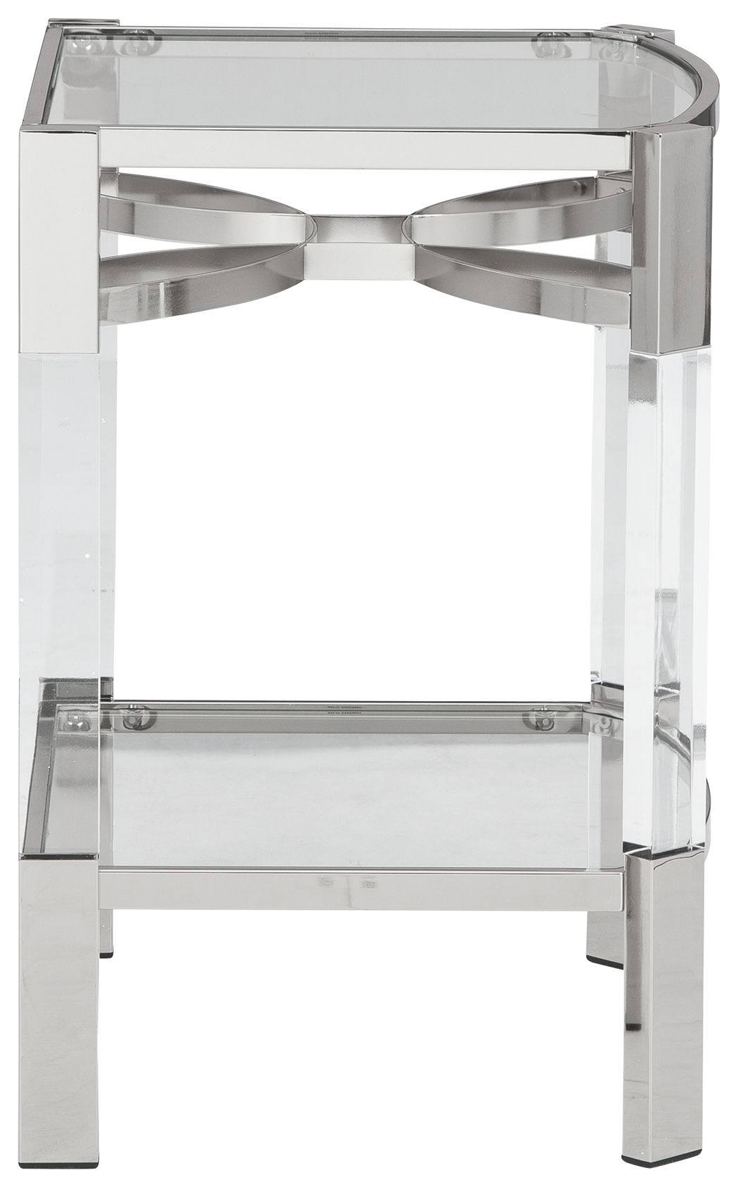 Clear glass accent table with silver frame and curved top edge, front view