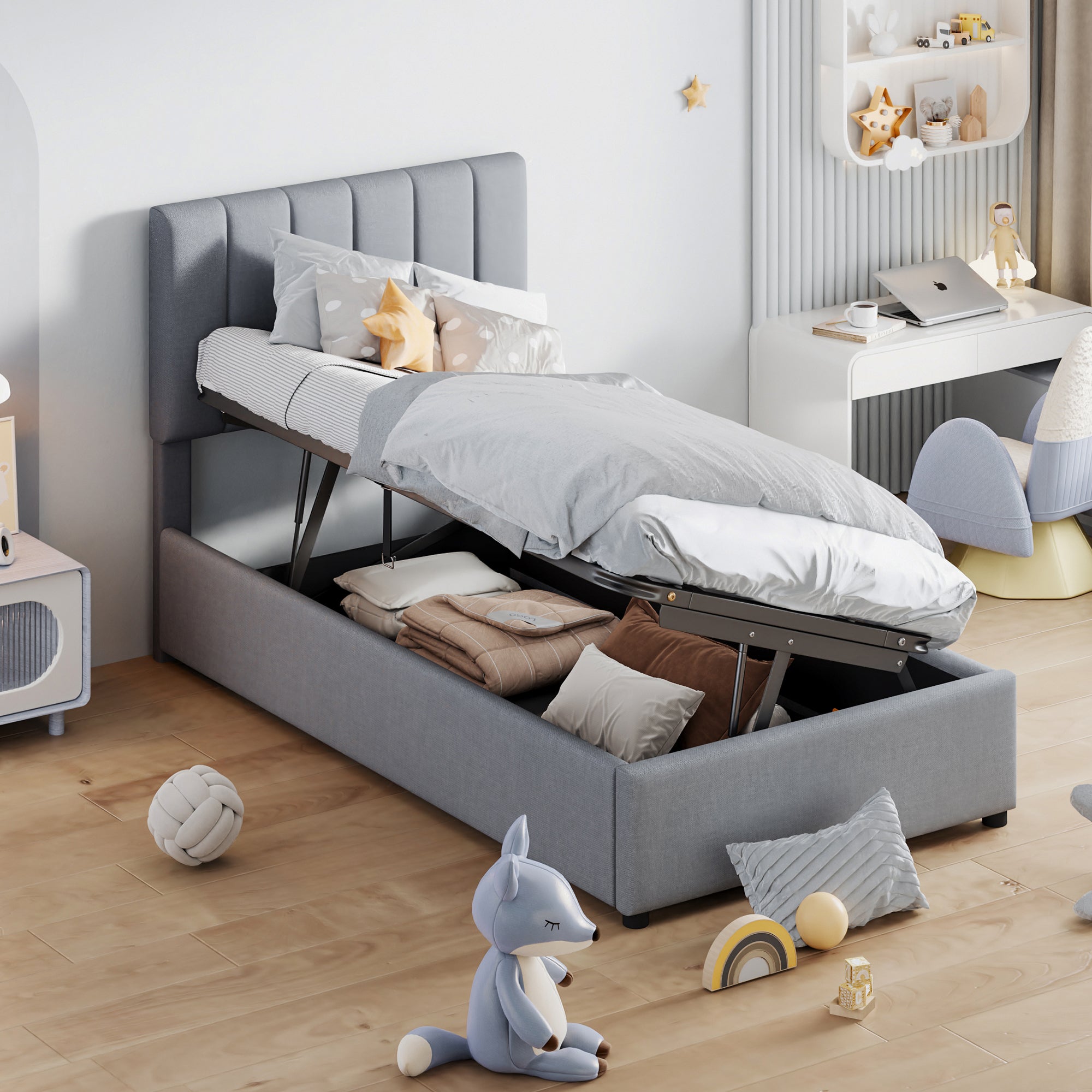 Twin Upholstered Platform Bed w/ Hydraulic Storage - Gray