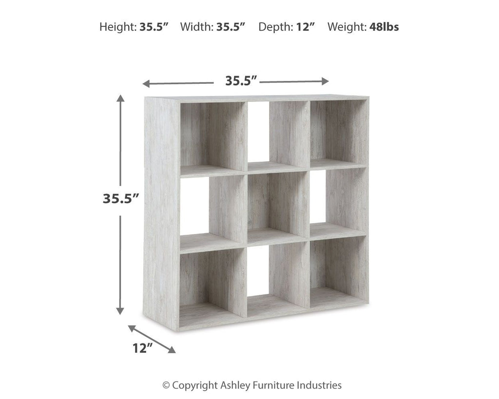 White cube organizer shelving unit with open cubbies, height 35.5 in