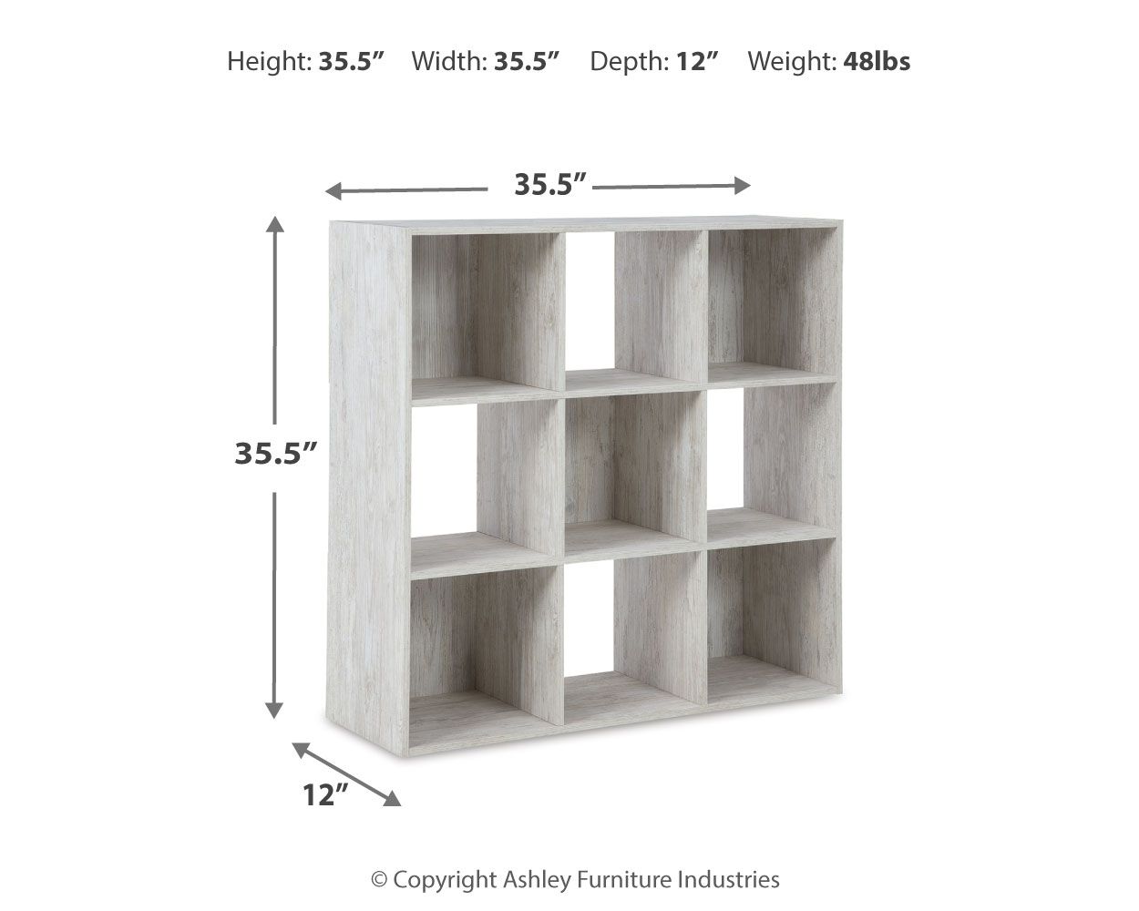 White cube organizer shelving unit with open cubbies, height 35.5 in