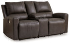 Dark brown power reclining loveseat with center console and padded armrests