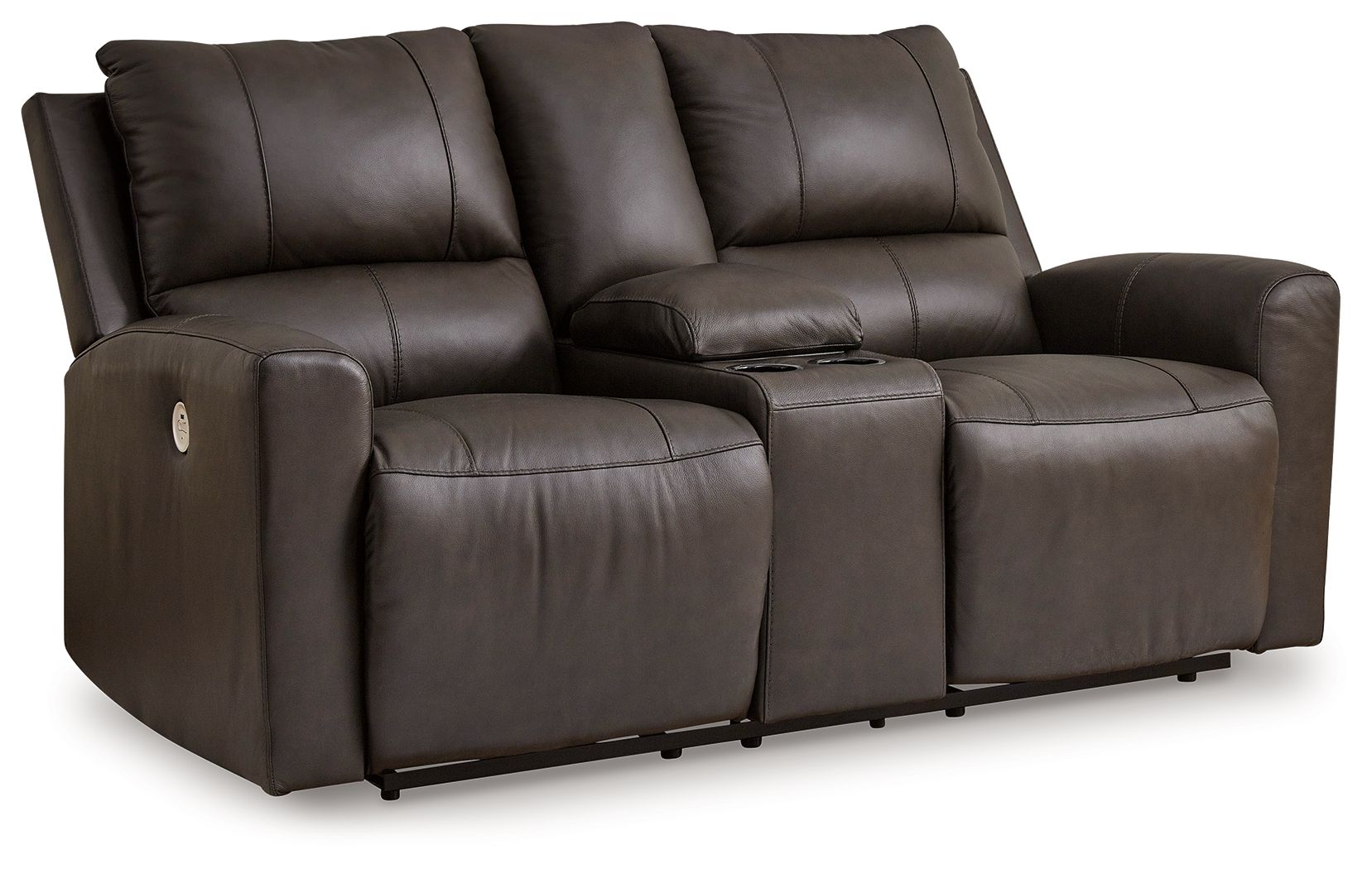 Dark brown power reclining loveseat with center console and padded armrests