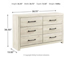 Cambeck whitewash dresser, front view, six drawers with black bar handles, 58.75" wide