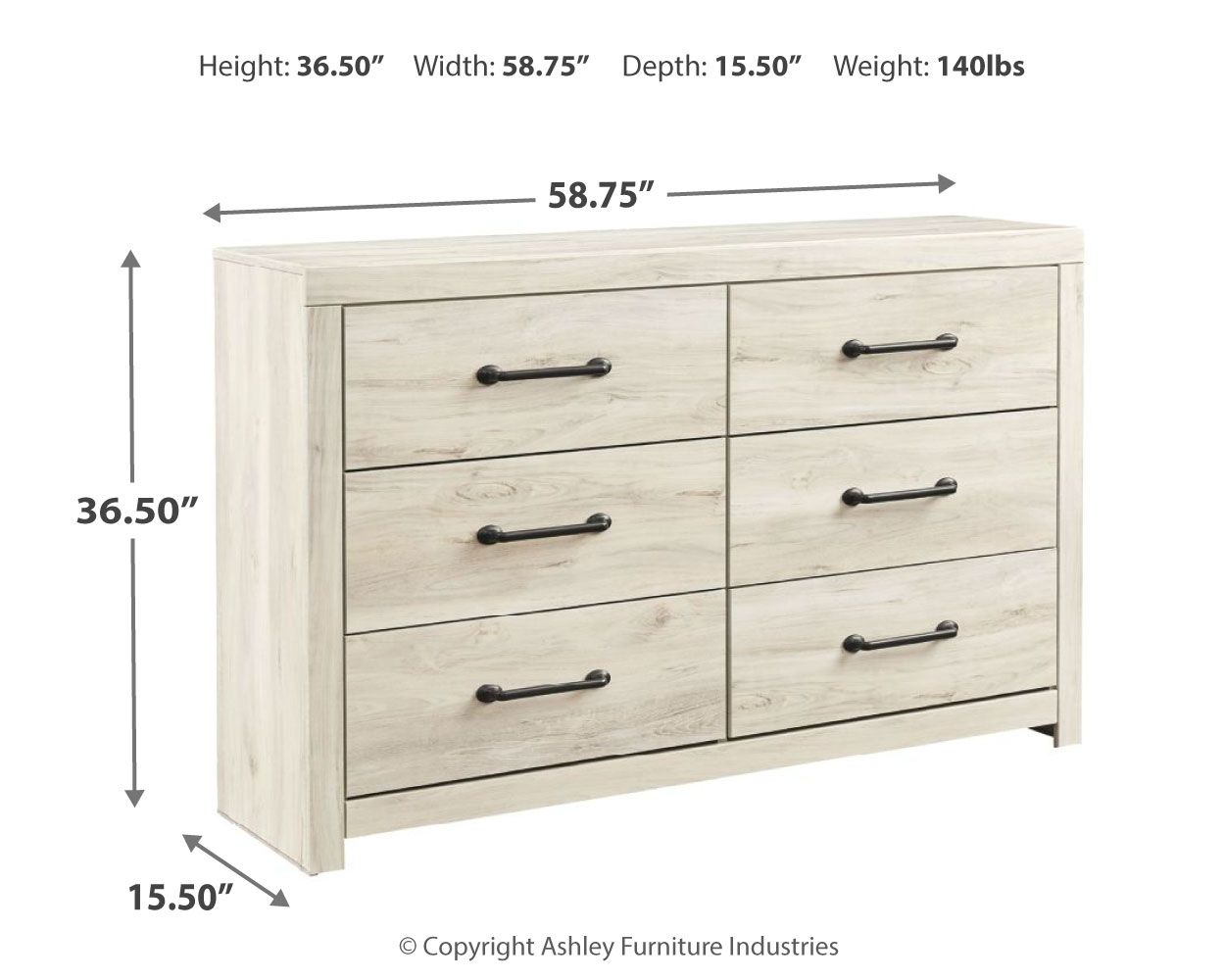 Cambeck whitewash dresser, front view, six drawers with black bar handles, 58.75" wide
